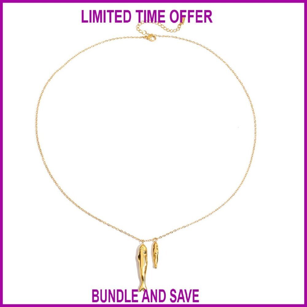 Stainless Steel Dual Fish Pendant Necklace Adjustable Beach Jewelry